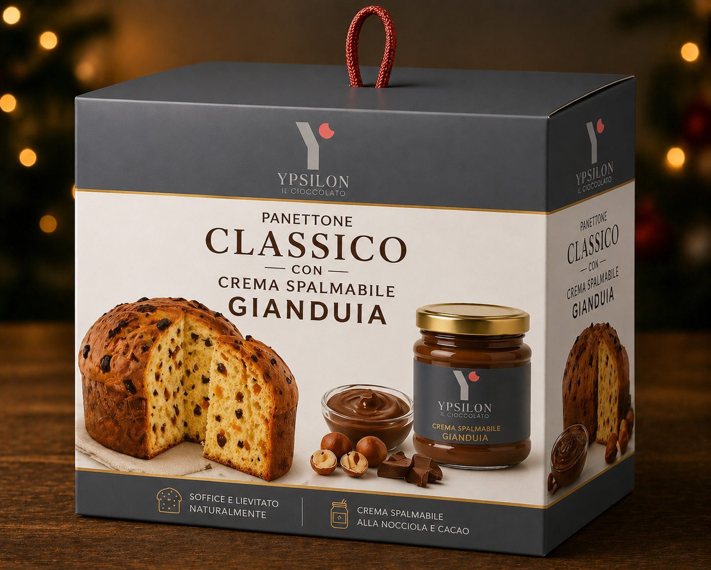 Packaging Ypsilon con panettone e crema spalmabile